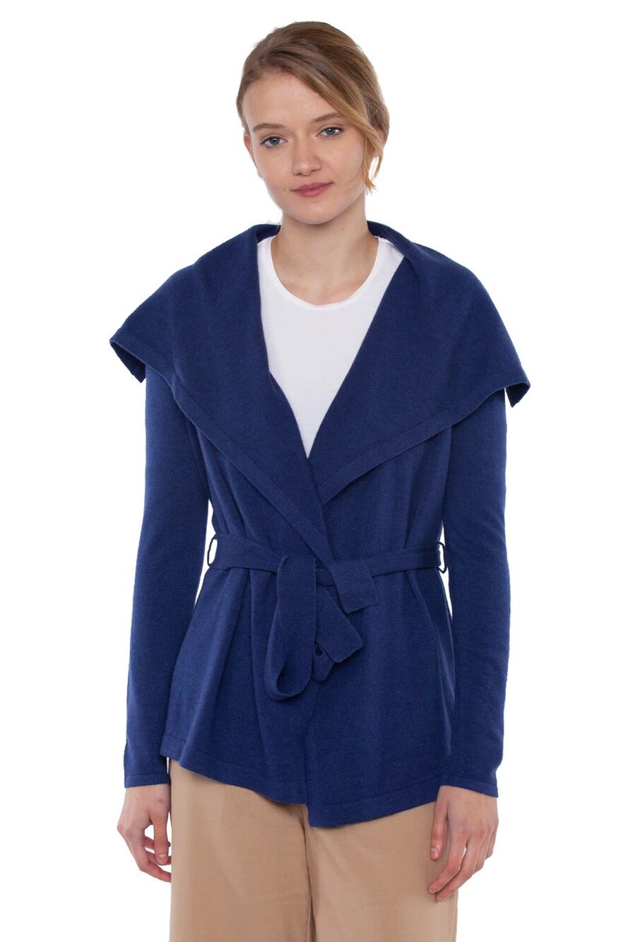 Jennie Liu 100% Cashmere Long Sleeve Belted Cardigan Sweater Marled Blue Size L